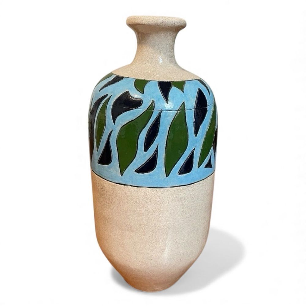Ceramic Hand Painted Vase Blue Green Beige Signed by John Bell dated 9-22-04